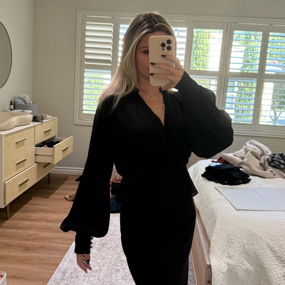 Express black wrap blouse with button sleeve detail